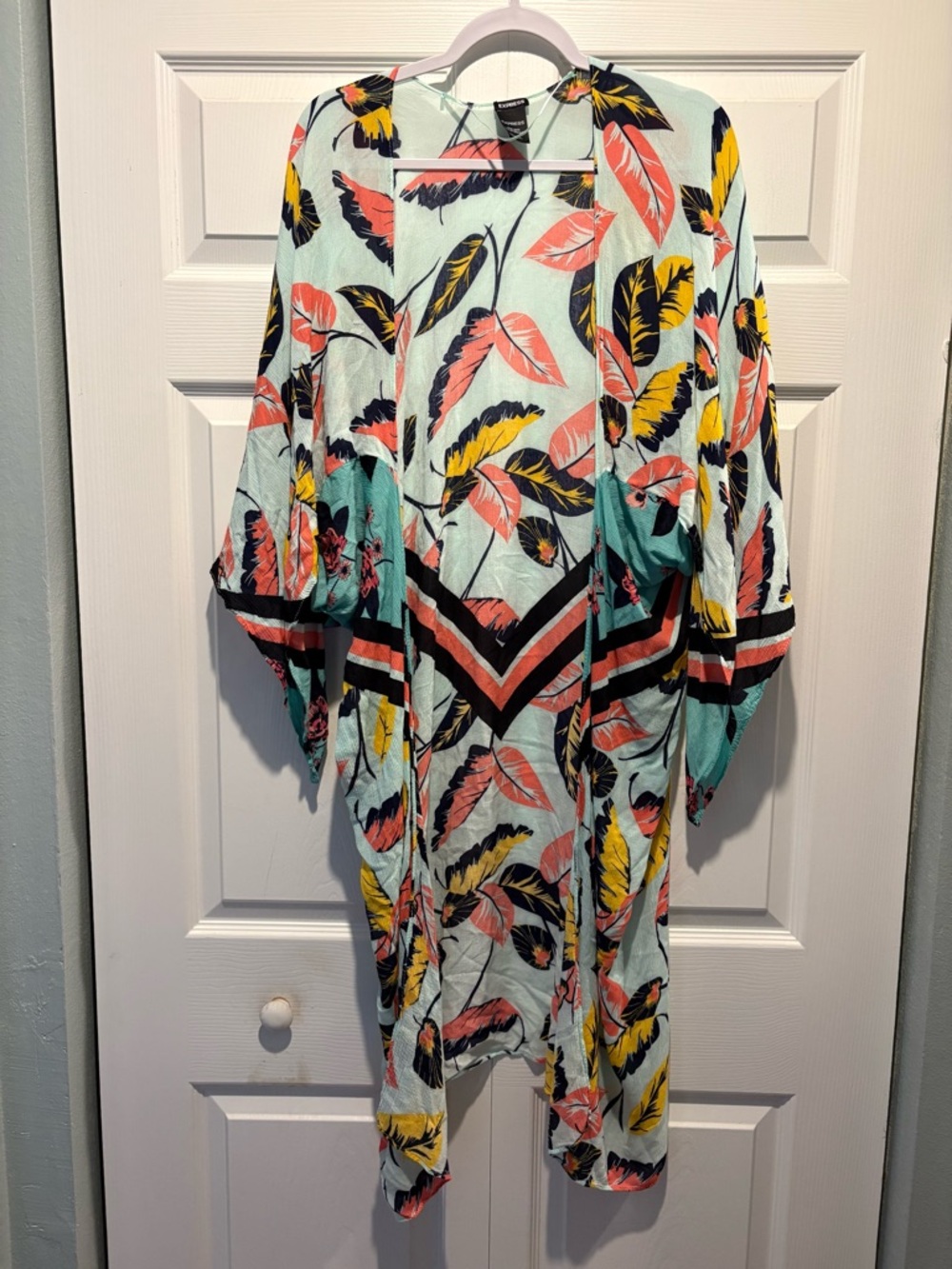 Express tropical leaf print kimono duster cardigan coverup summer bright OS - Picture 2 of 9